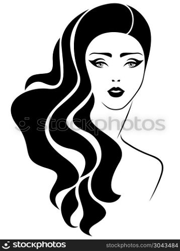 Charming young girl with wavy hair and expressive eyes and lips, hand drawing vector outline as cosmetic products design. Charming fashionable girl