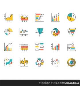 Chart and graph color icons set. Pie diagram. Horizontal and vertical histogram. Area chart. Venn diagram. Pareto curve. Temperature map. Polar watch. Scatter chart. Isolated vector illustrations