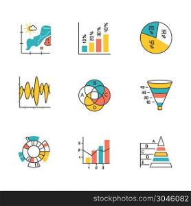 Chart and graph color icons set. Temperature map. Seismic activity. Vertical histogram. Pie diagram. Funnel chart. Venn diagram. Sunburst graph. Mixed chart Pyramid. Isolated vector illustrations. Chart and graph color icons set. Temperature map. Seismic activity. Vertical histogram. Pie diagram. Funnel chart. Venn diagram. Sunburst graph. Mixed chart. Pyramid. Isolated vector illustrations
