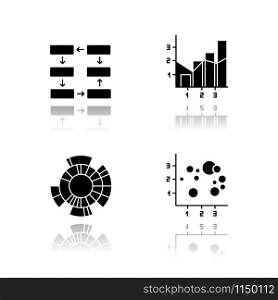 Chart and graph drop shadow black glyph icons set. Data connection and wiring. Process steps. Mixed chart. Sunburst radial diagram. Scatter bubble chart. Business. Isolated vector illustrations