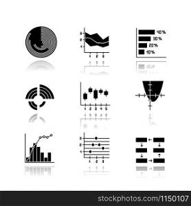 Chart and graph drop shadow black glyph icons set. Horizontal histogram. Area chart. Function curve. Radial diagram. Pareto curve. Figure chart. Data connection, wiring. Isolated vector illustrations