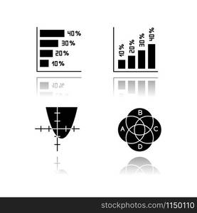 Chart and graph drop shadow black glyph icons set. Horizontal, vertical histogram with interest rates. Function curve. Venn diagram with indexes. Geometry. Business. Isolated vector illustrations