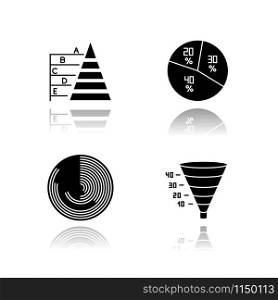Chart and graph drop shadow black glyph icons set. Pie diagram. Pyramid. Polar watch. Funnel infographic. Marketing conversion strategy. Business model, economic report. Isolated vector illustrations