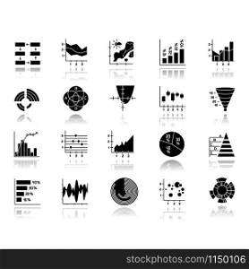 Chart and graph drop shadow black glyph icons set. Pie, Venn diagram. Horizontal, vertical histogram. Scatter, area chart. Pareto curve. Temperature map. Polar watch. Isolated vector illustrations
