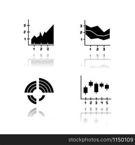 Chart and graph drop shadow black glyph icons set. Radial diagram with increasing values. Area charts with segments. Vertical scatter histogram. Business research. Isolated vector illustrations