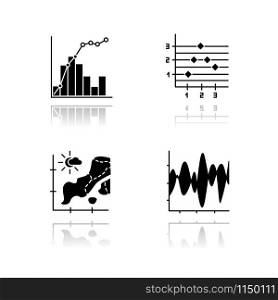 Chart and graph drop shadow black glyph icons set. Temperature map. Point and figure chart. Mixed graph with histogram and linear elements. Vibration curve. Isolated vector illustrations