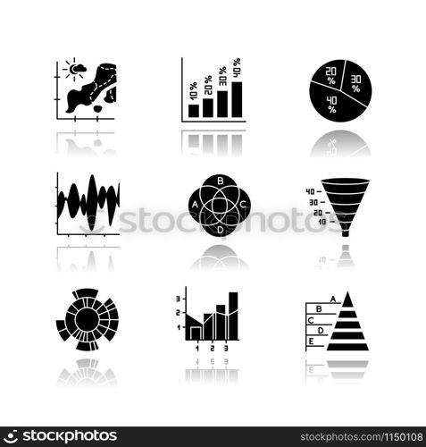 Chart and graph drop shadow black glyph icons set. Temperature map. Vertical histogram. Pie diagram. Funnel chart. Venn diagram. Sunburst graph. Mixed chart. Pyramid. Isolated vector illustrations