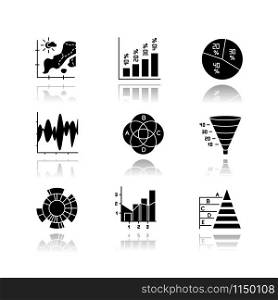 Chart and graph drop shadow black glyph icons set. Temperature map. Vertical histogram. Pie diagram. Funnel chart. Venn diagram. Sunburst graph. Mixed chart. Pyramid. Isolated vector illustrations