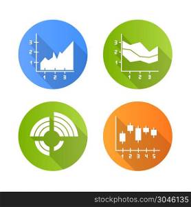 Chart and graph flat design long shadow glyph icons set. Radial diagram with increasing values. Area charts. Vertical scatter histogram. Business research, report. Vector silhouette illustration