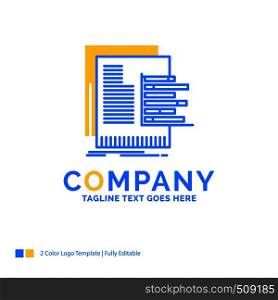 chart, data, graph, reports, valuation Blue Yellow Business Logo template. Creative Design Template Place for Tagline.