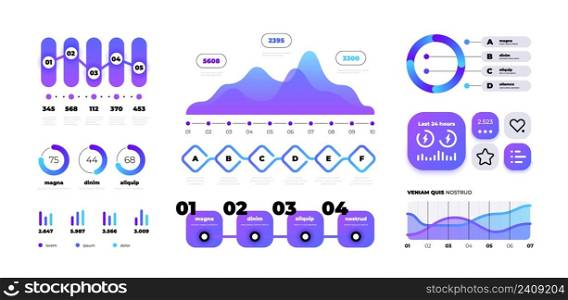 Chart infographic. Colorful gradient bar diagram and timeline flow with numbers, circle graphic template. Vector isolated set. Statistics finance report, progress analysis elements. Chart infographic. Colorful gradient bar diagram and timeline flow with numbers, circle graphic template. Vector isolated set