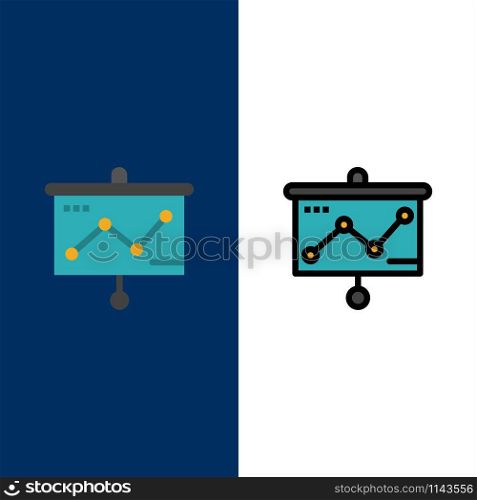 Chart, Presentation, Graph, Projector Icons. Flat and Line Filled Icon Set Vector Blue Background