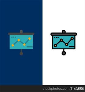 Chart, Presentation, Graph, Projector Icons. Flat and Line Filled Icon Set Vector Blue Background