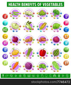 Chart table content of vitamins and minerals in vegetables. Green peas, cauliflower, artichoke and broccoli, squash and cabbage with beet and potato. Onion, turnip or asparagus, bell pepper and carrot. Chart table content of vitamins in vegetables