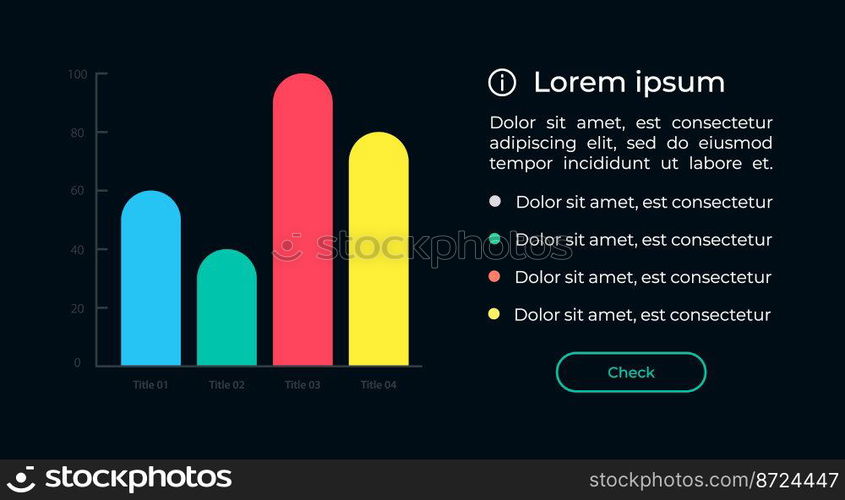 Chart with bars chart UI element template. Editable isolated vector dashboard component. Flat user interface. Visual data presentation. Web design widget for mobile application with dark theme. Chart with bars chart UI element template