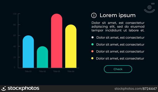 Chart with bars chart UI element template. Editable isolated vector dashboard component. Flat user interface. Visual data presentation. Web design widget for mobile application with dark theme. Chart with bars chart UI element template