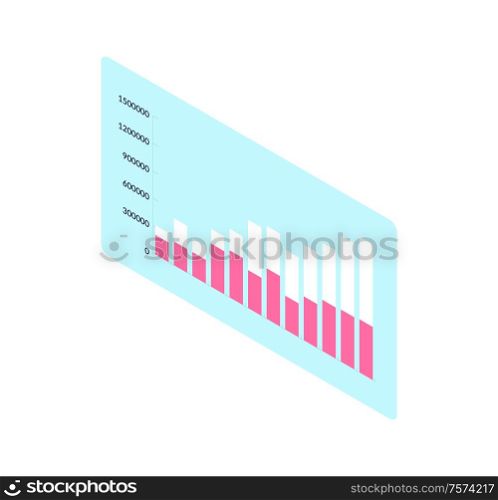 Chart with colored columns on blue rectangle. Diagonal orientation of graph with numbers, flat block diagram, presentation infochart and analytics vector. Chart with Columns, Block Diagram, Graph Vector