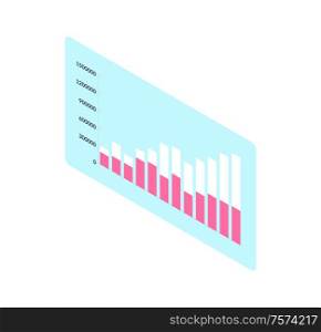 Chart with colored columns on blue rectangle. Diagonal orientation of graph with numbers, flat block diagram, presentation infochart and analytics vector. Chart with Columns, Block Diagram, Graph Vector