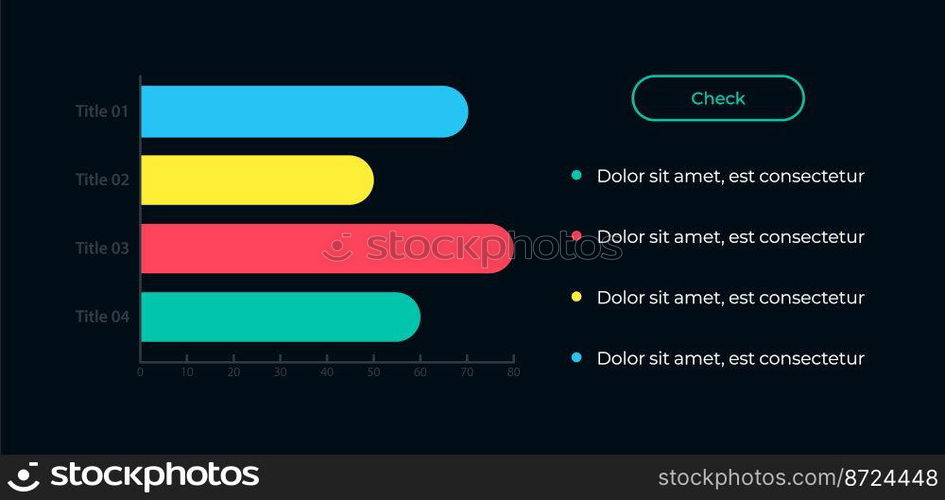 Chart with horizontal bars UI element template. Editable isolated vector dashboard component. Flat user interface. Visual data presentation. Web design widget for mobile application with dark theme. Chart with horizontal bars UI element template