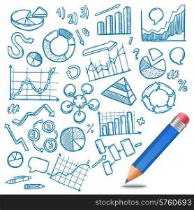 Charts and diagrams business and financial sketch with pencil vector illustration
