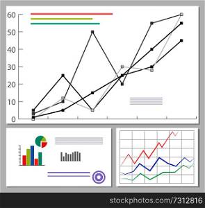 Charts and graphics data, set of graphics with lines and arrows, pie diagram and numbers, visualisation of data, vector illustration isolated on white. Charts and Graphics Data Set Vector Illustration