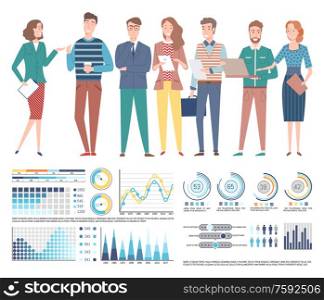 Charts and infographics vector, visualization and presentation of business concepts, man and woman with report on papers and document, flowcharts. Team of Professional Specialists Business, Charts