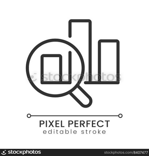 Charts and loupe pixel perfect linear icon. Business processes analytics. Statistics research. Thin line illustration. Contour symbol. Vector outline drawing. Editable stroke. Poppins font used. Charts and loupe pixel perfect linear icon