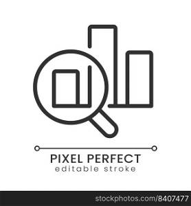 Charts and loupe pixel perfect linear icon. Business processes analytics. Statistics research. Thin line illustration. Contour symbol. Vector outline drawing. Editable stroke. Poppins font used. Charts and loupe pixel perfect linear icon