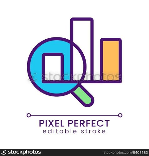 Charts and loupe pixel perfect RGB color icon. Business processes analytics. Statistics research. Isolated vector illustration. Simple filled line drawing. Editable stroke. Poppins font used. Charts and loupe pixel perfect RGB color icon