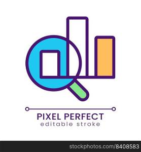 Charts and loupe pixel perfect RGB color icon. Business processes analytics. Statistics research. Isolated vector illustration. Simple filled line drawing. Editable stroke. Poppins font used. Charts and loupe pixel perfect RGB color icon