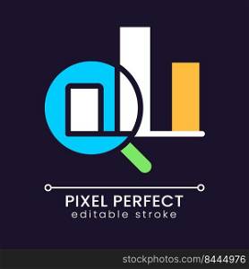 Charts and loupe pixel perfect RGB color icon for dark theme. Business processes analytics. Statistics. Simple filled line drawing on night mode background. Editable stroke. Poppins font used. Charts and loupe pixel perfect RGB color icon for dark theme