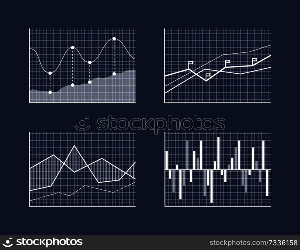 Charts and schemes set, poster with graphics and charts with curved lines, squares and dots, flags and information, isolated on vector illustration. Charts and Schemes Set Poster Vector Illustration