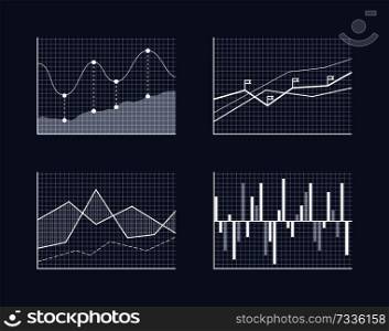 Charts and schemes set, poster with graphics and charts with curved lines, squares and dots, flags and information, isolated on vector illustration. Charts and Schemes Set Poster Vector Illustration