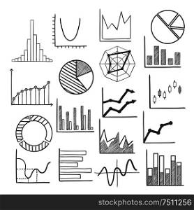 Charts, bars and graphs icons sketches for business or infographic theme design. Vector sketch. Charts, bars and graphs icons sketches