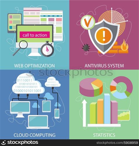 Charts graphs and parameters. Statistic business concept of analytics. Shield antivirus. Antivirus system. Cloud services concept. SEO optimization, programming process and web analytics elements in flat design