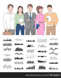 Charts in black color isolated on white, closeup view of standing people together, smiling workers holding documents, graph report, statistic report vector. Smiling Workers Holding Documents, Chart Vector