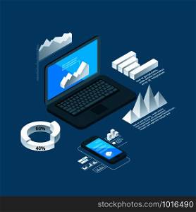 Charts isometric. Business concept laptop with 3d data histogram graphics finance presentation or analytics vector infographic objects. Infographic data smartphone, optimization illustration. Charts isometric. Business concept laptop with 3d data histogram graphics finance presentation or analytics vector infographic objects