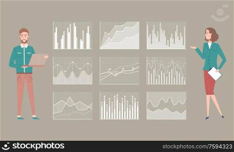 Charts representation of stats and info, woman and man with laptop programing and presenting infocharts, secretary lady with papers documents and info. Woman and Man Working in Team, Teamwork and Charts