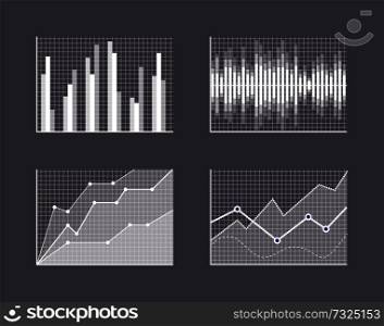 Charts visualisation set poster with graphics and business charts, collection of informational images, vector illustration isolated on blue background. Charts Visualisation Poster Vector Illustration