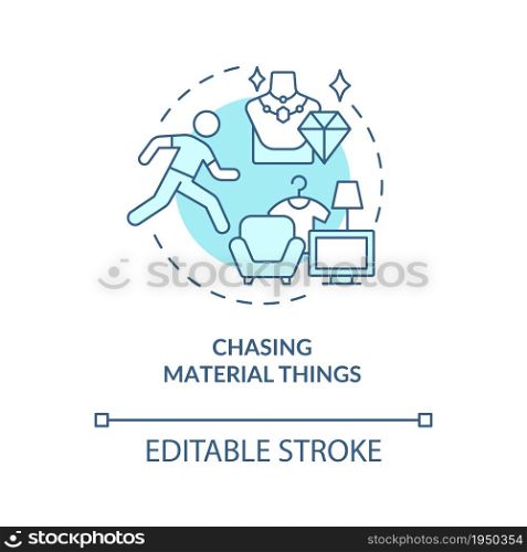 Chasing material things blue concept icon. Unhappiness abstract idea thin line illustration. Pursuit possessions. Happiness mindset obstacle. Vector isolated outline color drawing. Editable stroke. Chasing material things blue concept icon