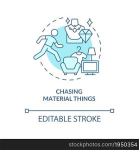 Chasing material things blue concept icon. Unhappiness abstract idea thin line illustration. Pursuit possessions. Happiness mindset obstacle. Vector isolated outline color drawing. Editable stroke. Chasing material things blue concept icon