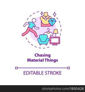 Chasing material things concept icon. Unhappiness abstract idea thin line illustration. Pursuit possessions. Happiness mindset obstacle. Vector isolated outline color drawing. Editable stroke. Chasing material things concept icon