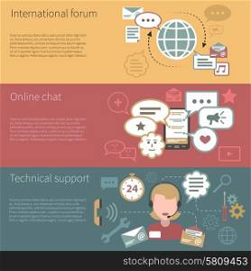 Chat banner horizontal set with international forum online technical support elements isolated vector illustration. Chat Banner Horizontal