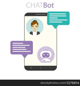 Chat between robot bot and human,female and chatbot on cell phone screen,flat vector illustration