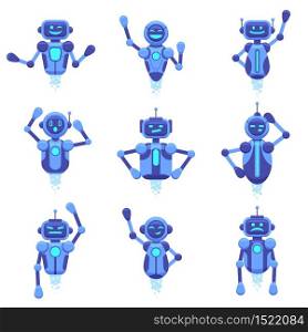 Chat bot assistance. Robotics technology chat bots, robotic digital assistant, futuristic android chat bots characters, vector illustration set. Robot and cyber, support service virtual, mobile ai. Chat bot assistance. Robotics technology chat bots, robotic digital assistant, futuristic android chat bots characters, vector illustration set