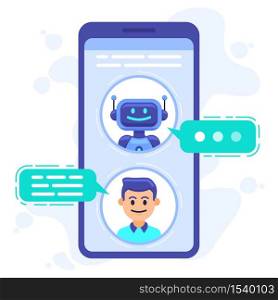 Chat bot communication. Smartphone chatting with conversation bot, chat assistant bot at cellphone screen, robots sms dialog vector illustration. Robot communication conversation chatting. Chat bot communication. Smartphone chatting with conversation bot, chat assistant bot at cellphone screen, robots sms dialog vector illustration