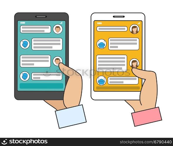 Chat bot connected. Chat bot connected. Man and woman chatting with AI chatbot in instant messenger on smartphone. Vector illustration
