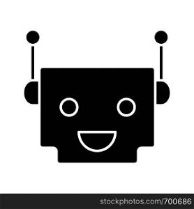 Chat bot glyph icon. Silhouette symbol. Talkbot. Modern robot. Square head laughing chat bot. Virtual assistant. Conversational agent. Negative space. Vector isolated illustration. Chatbot glyph icon