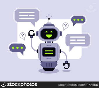 Chat bot messages. Smart chatbot assistant conversation, online customer support robot and talking to machine bots. Message answering robots chatting customer service vector illustration. Chat bot messages. Smart chatbot assistant conversation, online customer support robot and talking to machine bots vector illustration