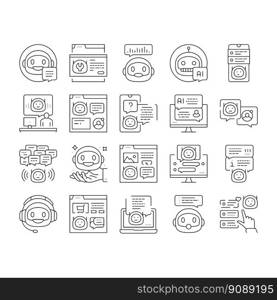 chat bot robot service online icons set vector. chatbot mobile, communication talk, ai support, conversation message, digital chat bot robot service online black contour illustrations. chat bot robot service online icons set vector